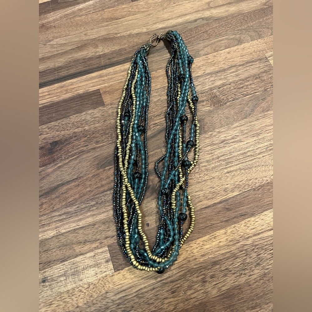 Vintage multi strand necklace gold, teal dark purple iridescent beads so pretty